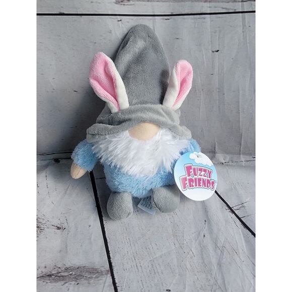 Bunny Ears Fuzzy Friends Blue Gnome 7" Plush Grey Hat Easter Bunny Gnome New - Picture 1 of 4